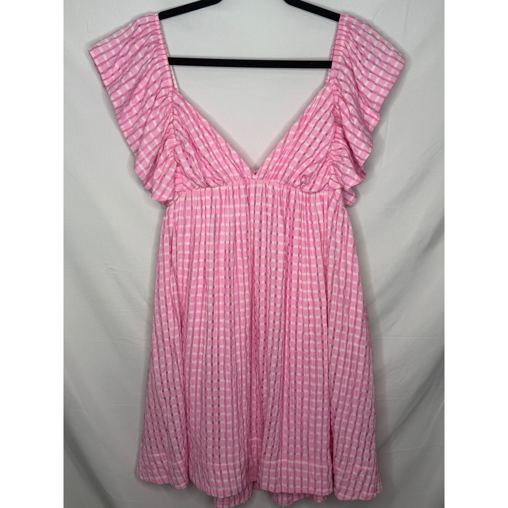 Day + Moon Pink Gingham Seersucker Mini Dress Pockets Open Back Bow L Large - Picture 2 of 12